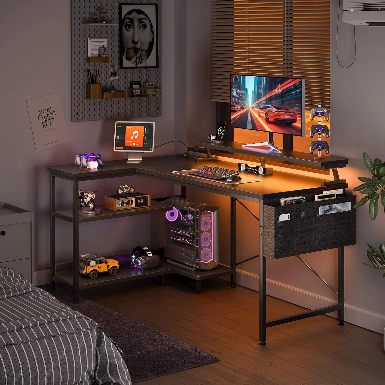 Coleshome Biurko Gamingowe LED 120x80cm Odwracalne Narożne z Półkami Stół Komputerowy Kształt L 2 Porty USB 2 Gniazdka Podstawka pod Monitor Czarny