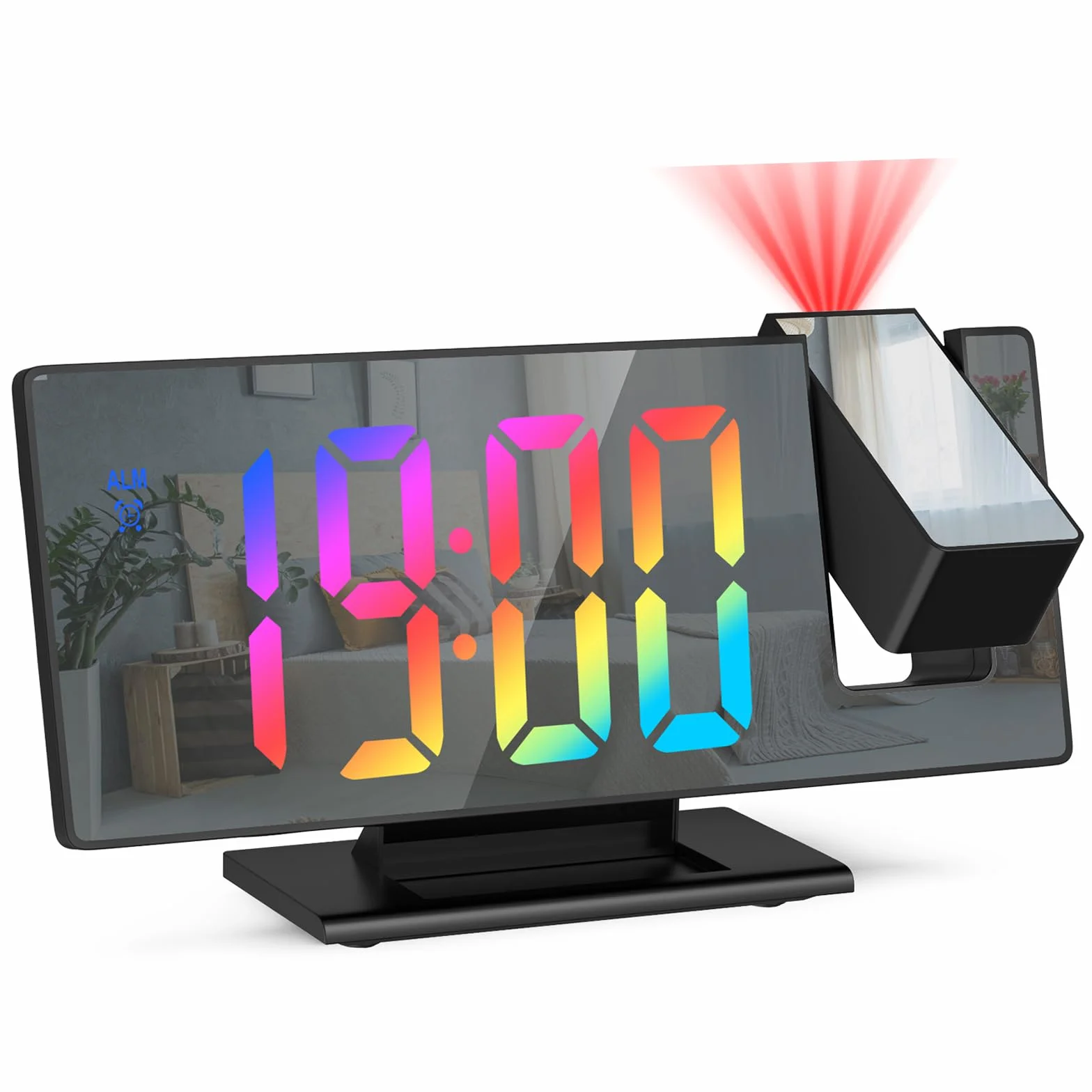 Budzik projekcyjny 7,8 cala z ekranem lustrzanym, projektor 180°, USB, 4 regulacje jasności