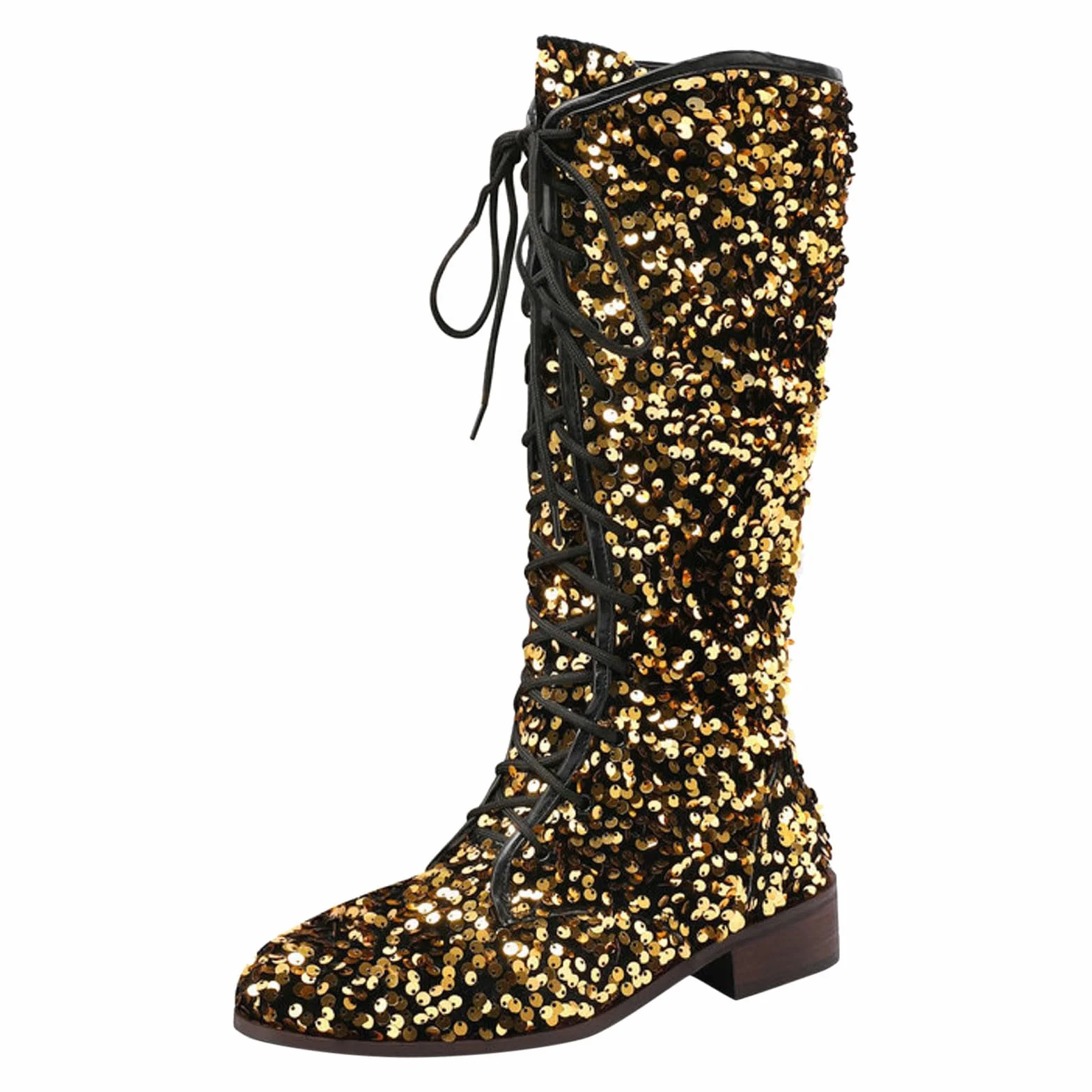 Botki damskie, buty do połowy łydki, z cekinami, dekoracja retro, z koronką, grube obcasy, niskie obcasy, wygodne buty gumowe
