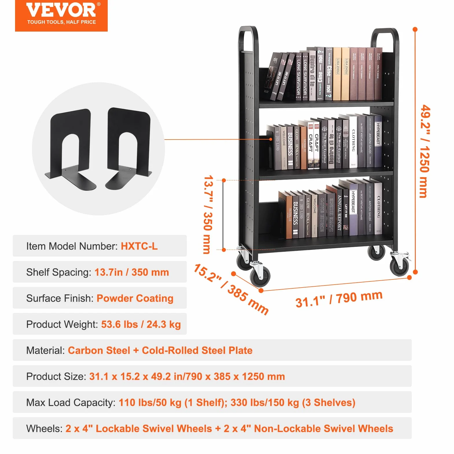 VEVOR Wózek na książki, wózek biblioteczny 150 kg, 79 cm x 38 cm x 125 cm, jednostronne płaskie półki w kształcie litery L z zamykanymi kółkami na półki domowe, do biura i szkoły, w kolorze czarnym