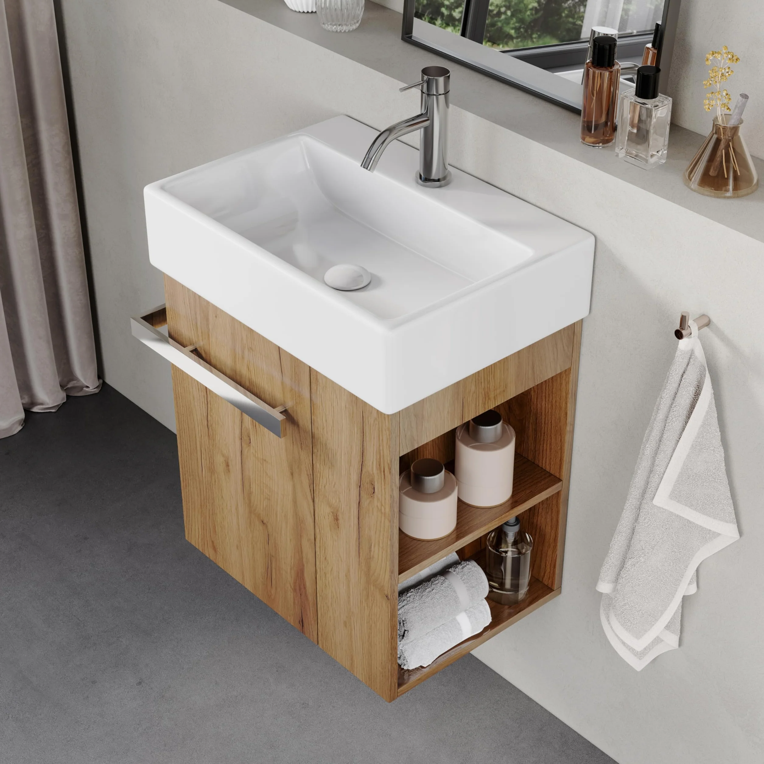 Szafka Łazienkowa 50 cm Z Ceramiczną Umywalką, Szufladą Z Cichym Domykiem, Uchwytem Na Ręczniki, Wersja Lewa/prawa, European Oak